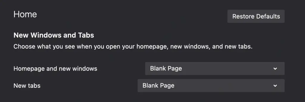 Set homepage as blank page