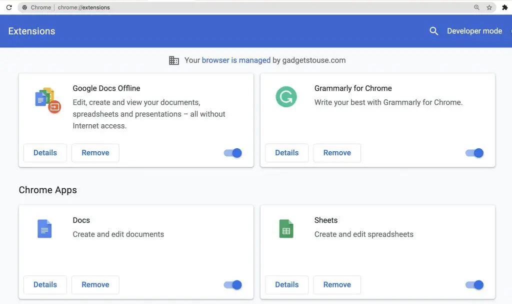 Manage Extensions page