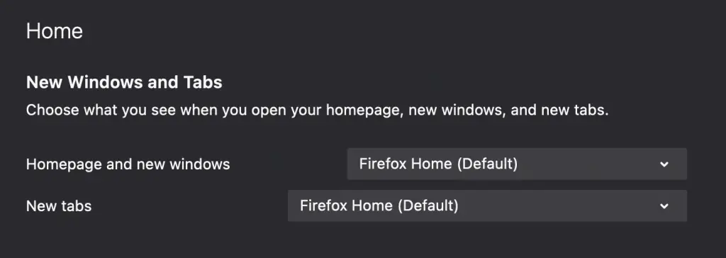 Firefox homepage settings