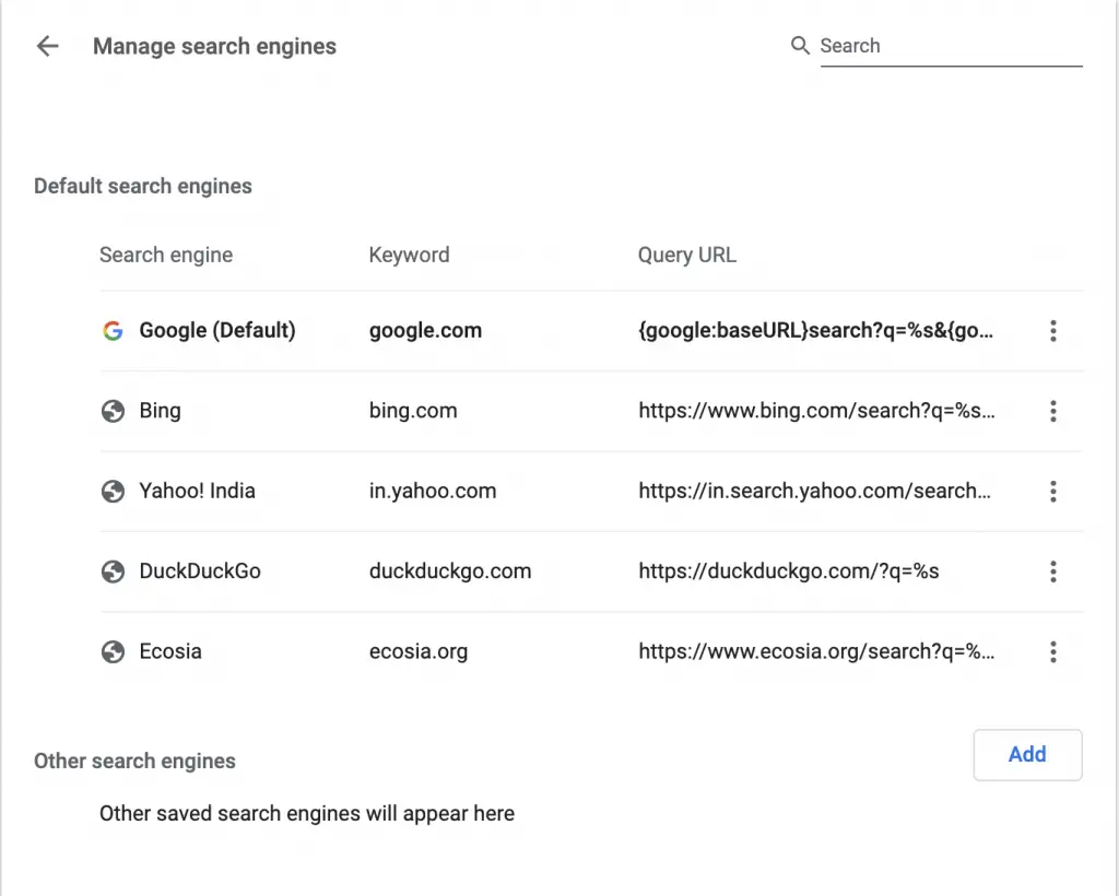 Manage search engines on Chrome