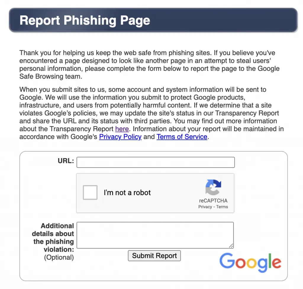 Report Phishing Website Page to Google