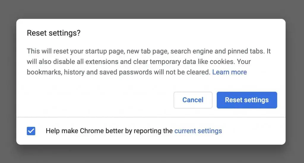 Reset Chrome settings to Fix Sync Not Working Problem