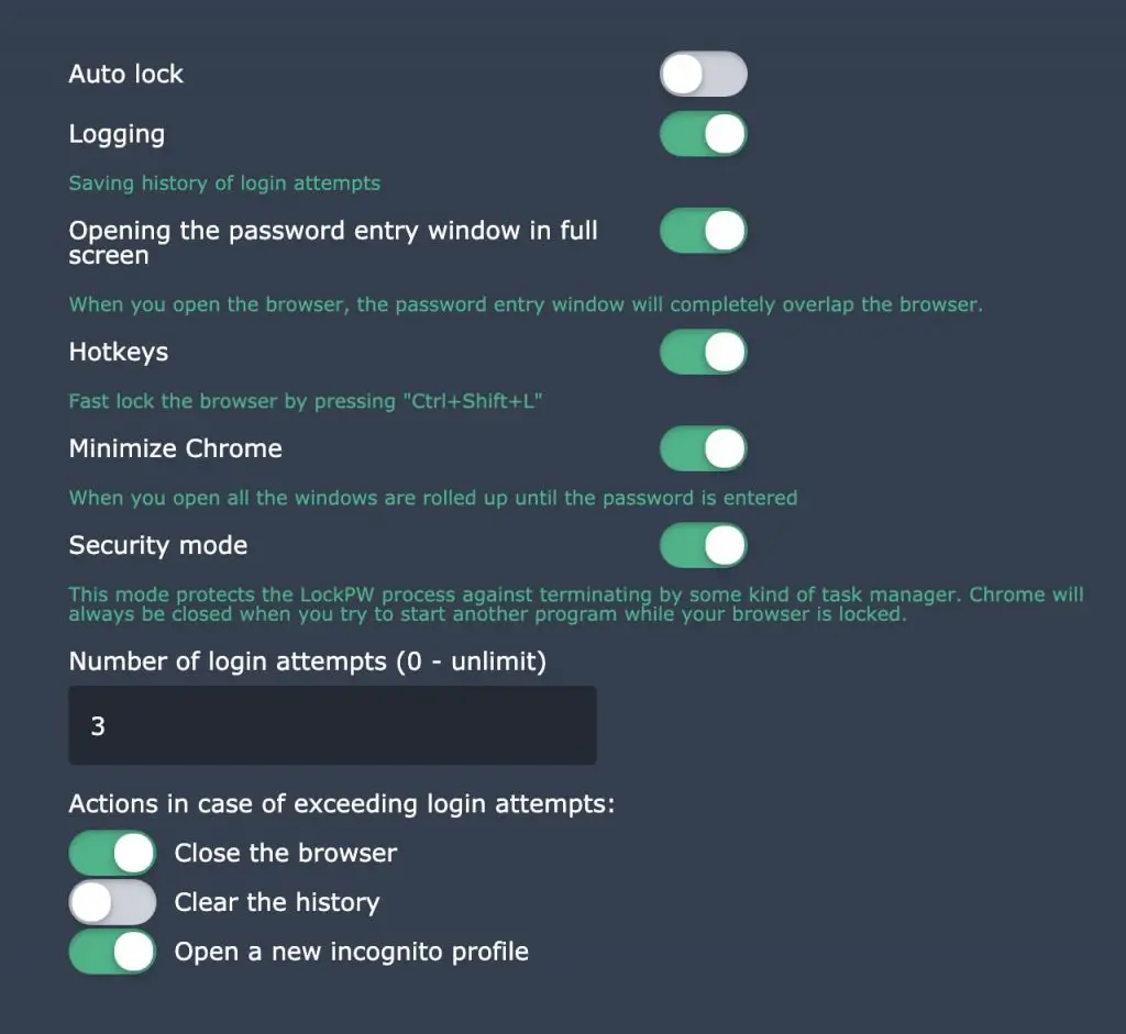 Additional settings in LockPW
