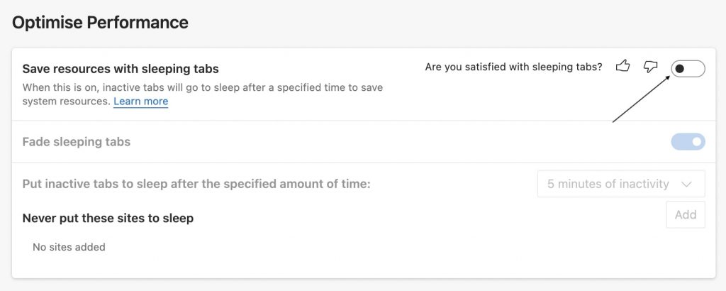 Turn off the toggle Save resources with sleeping tabs