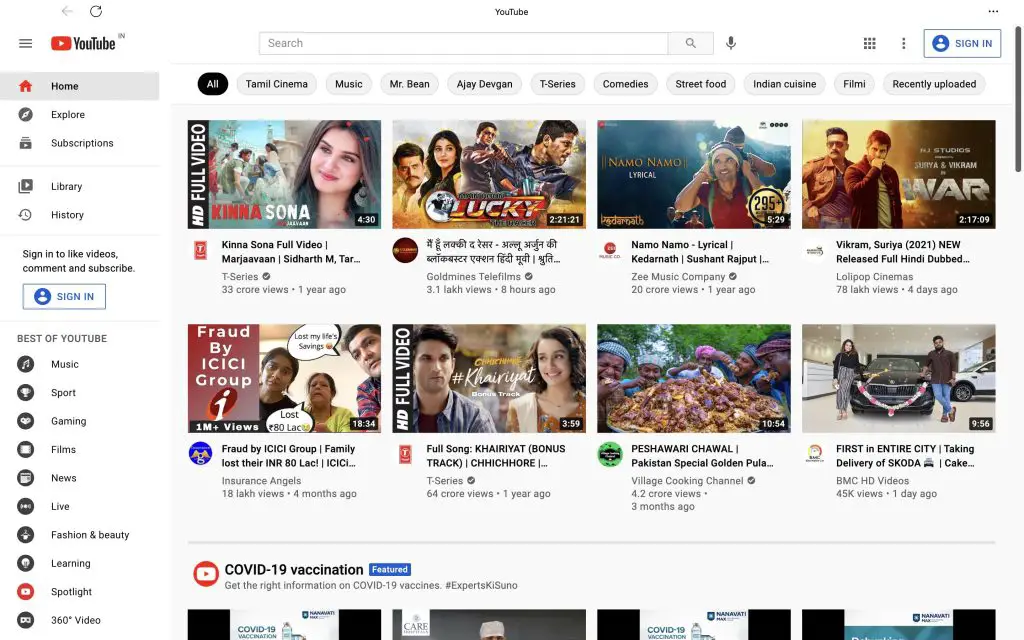 YouTube website as an app in Edge