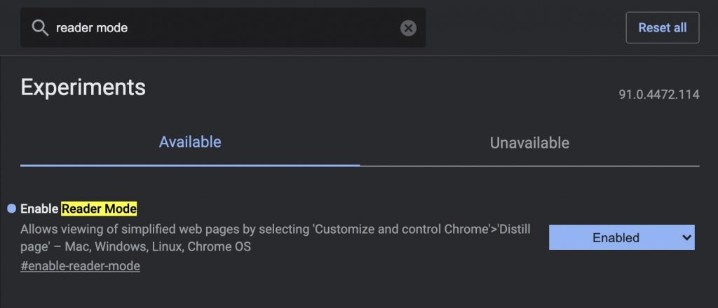 Enable Reader Mode Chrome Flags