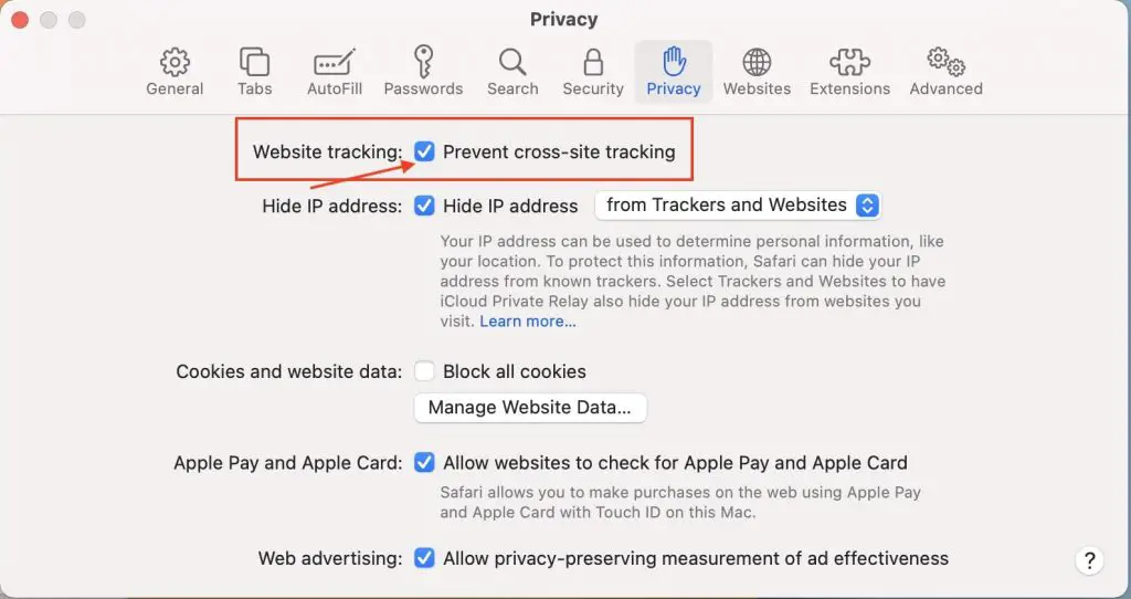 Disable Cross Website Tracking in Safari Browser