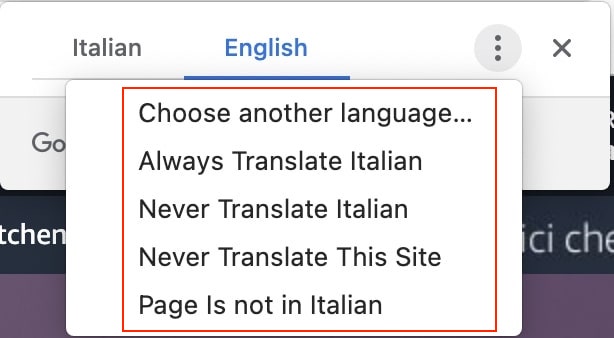 Google Chrome Translation Settings