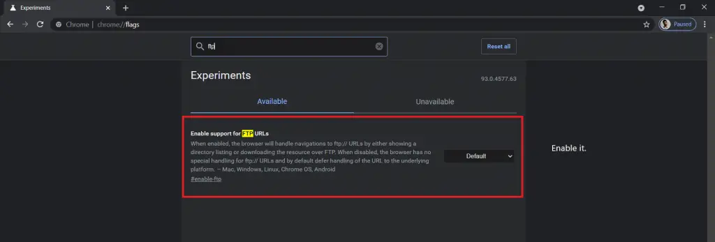 Enable FTP Setting in Chrome Flags