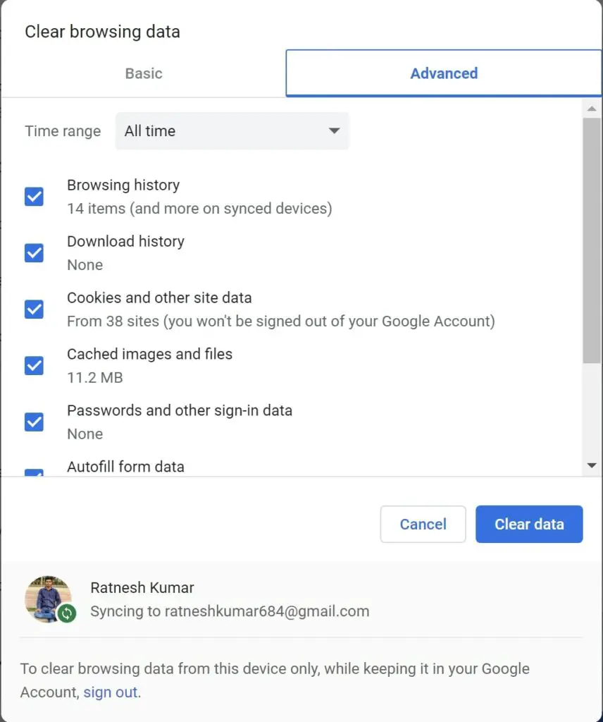 Clear Browsing data to fix Chrome Sync Not Working