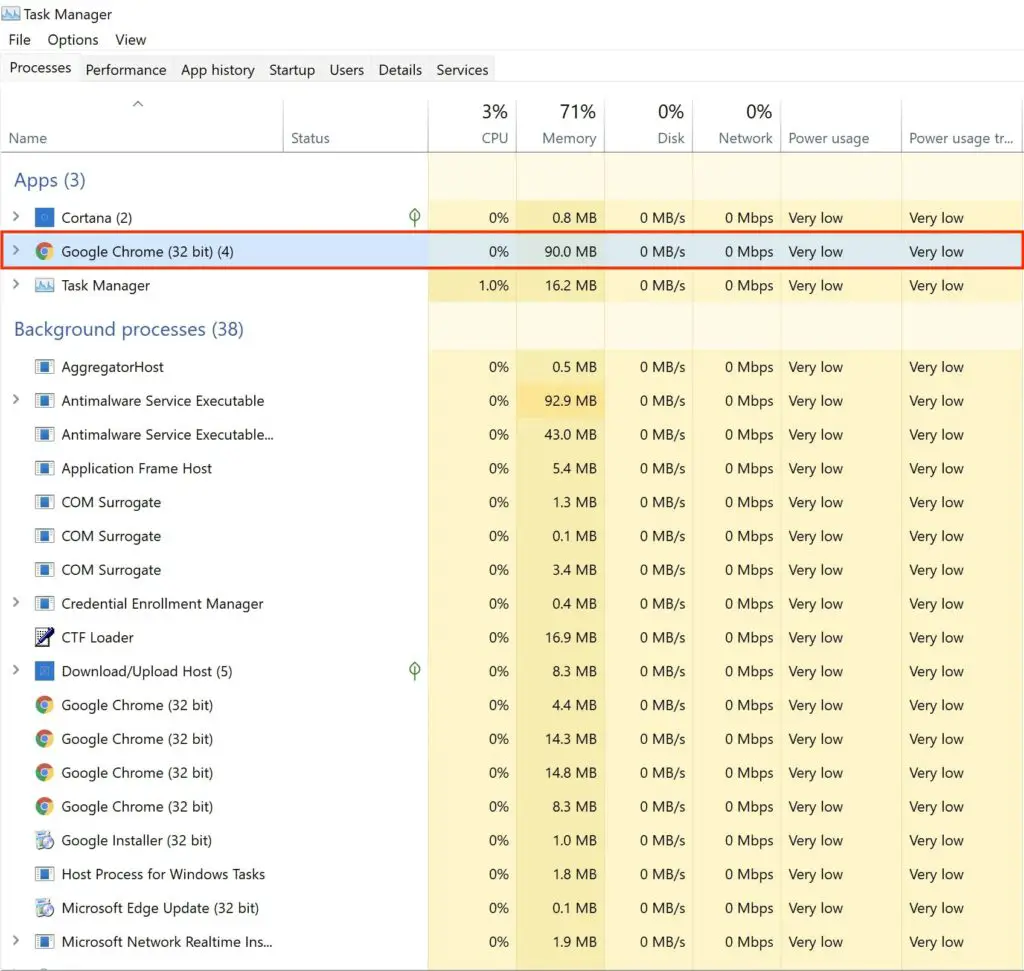 Google Chrome in Windows Task Manager