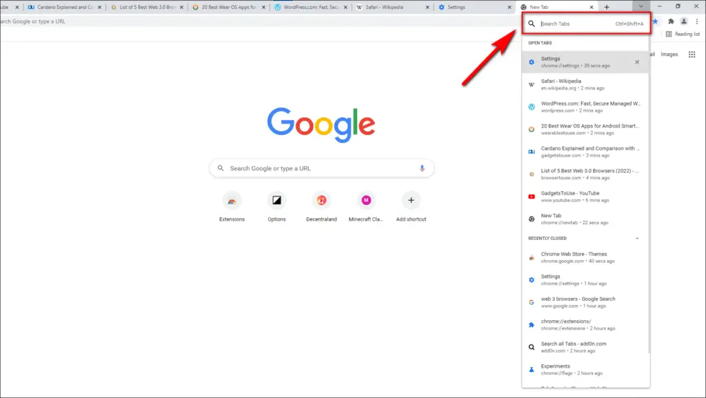 Tab Search in Google Chrome