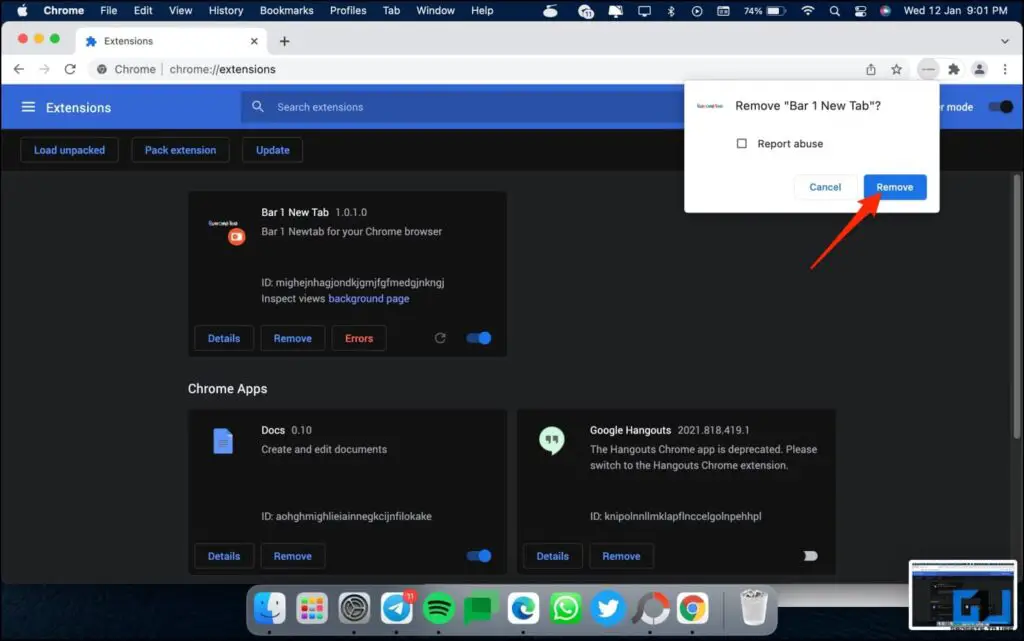 Uninstall Bar1 New Tab Extension on Mac