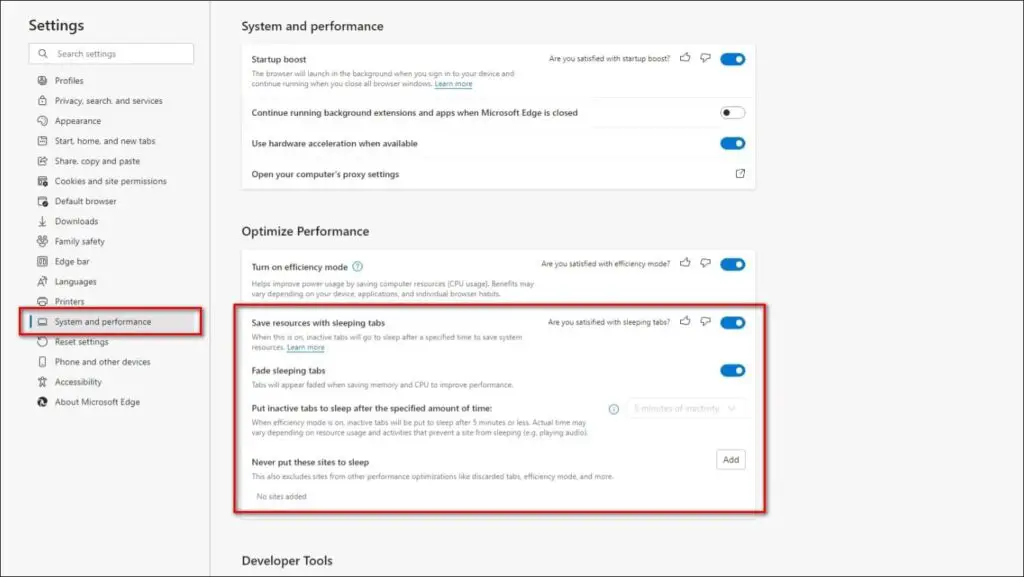 Enable sleeping Tabs to Fix Slow Microsoft Edge