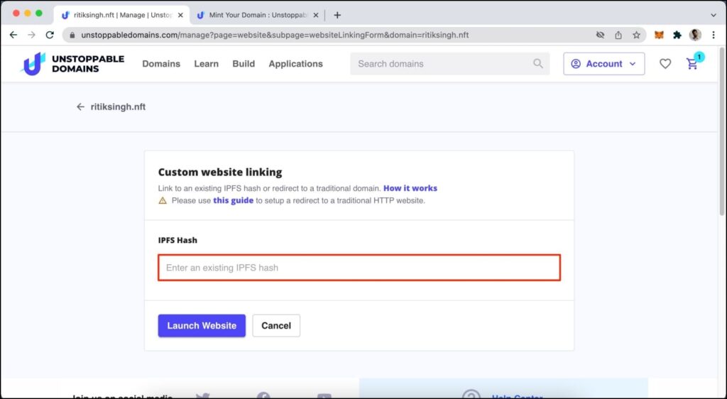 Link Unstoppable Domain to Existing IPFS Hash
