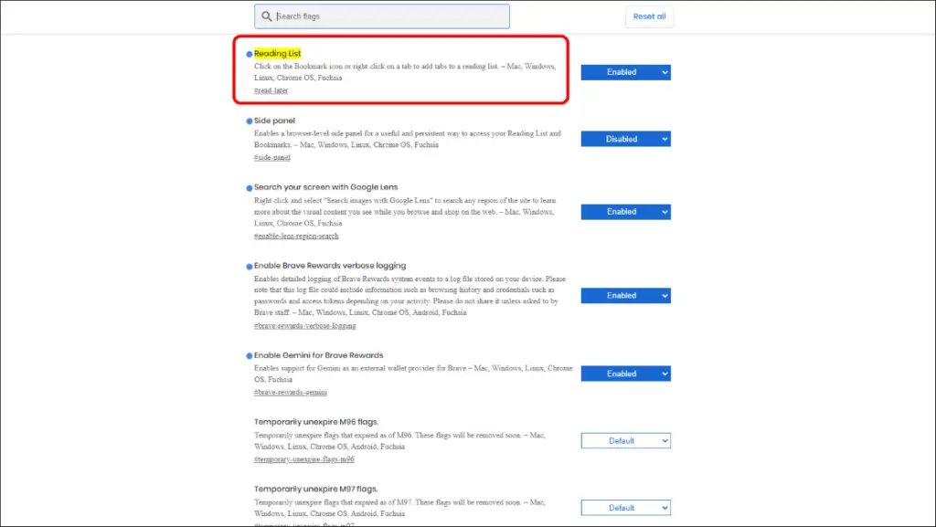 Enable Reading List in Brave Browser