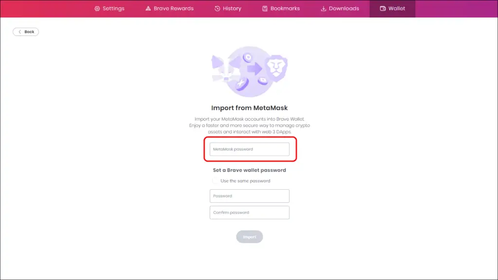 Import from Metamask to Brave Wallet 