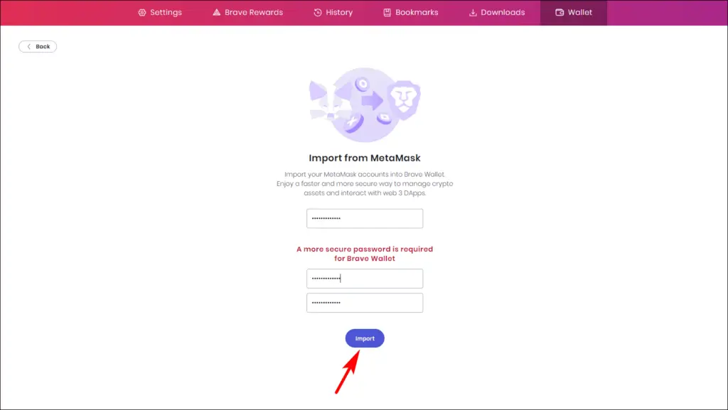 Import from Metamask to Brave Wallet 