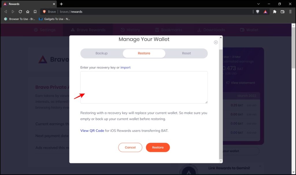 Restore Brave Wallet from Backup 