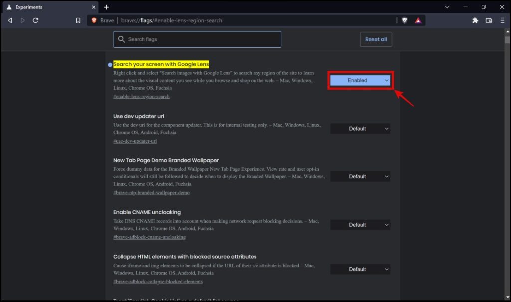 Disable Brave Lens using Flags 