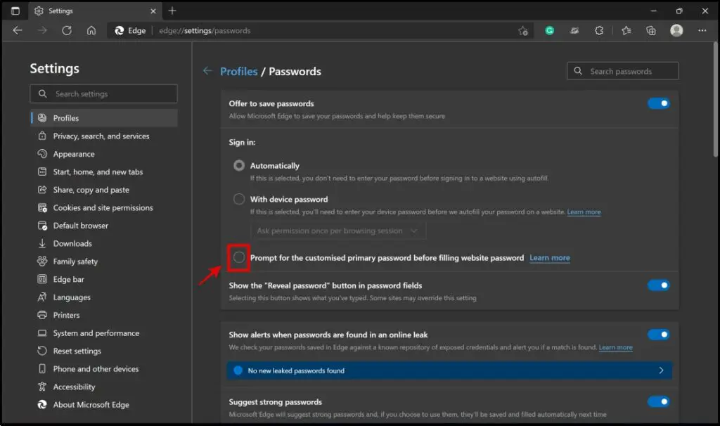 Create a Custom Primary Password on Microsoft Edge