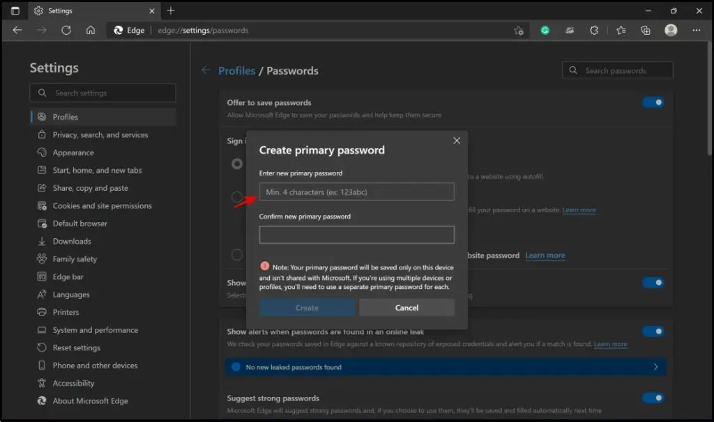 Create a Custom Primary Password on Microsoft Edge