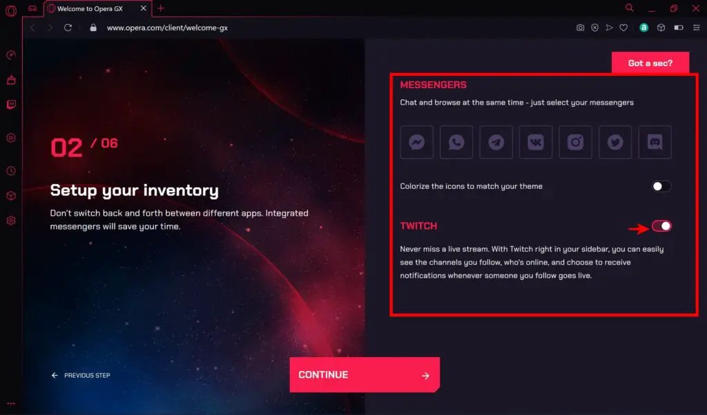 OperaGX Gaming Browser Twitch & Messenger