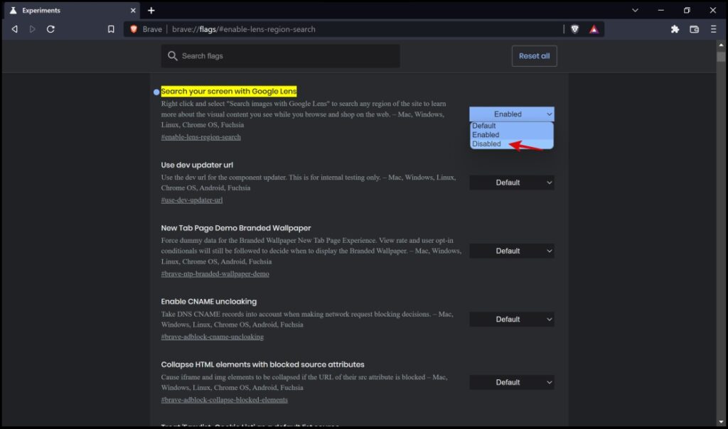 Disable Brave Lens using Flags 