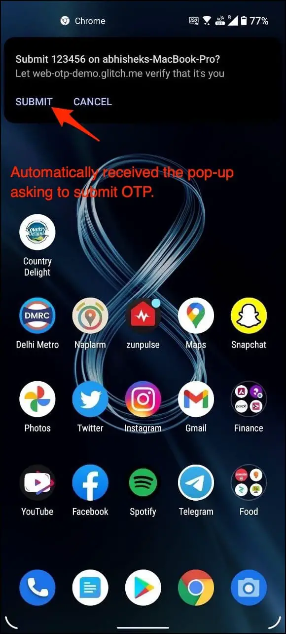 Copy OTP from Phone to Chrome PC via WebOTP