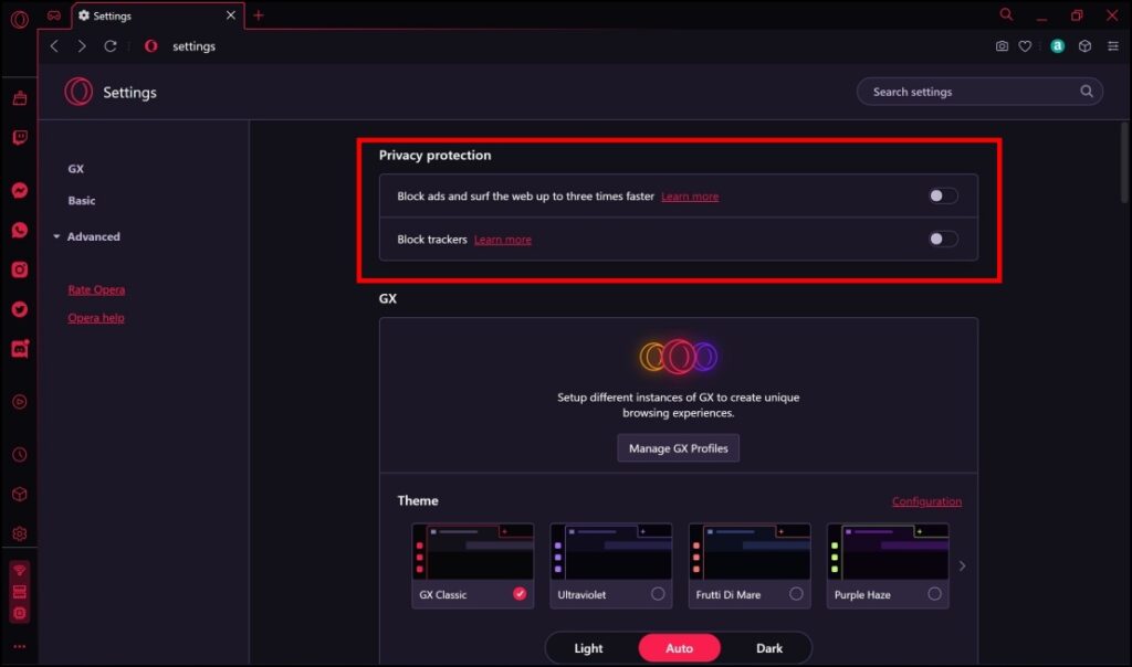 Additional Privacy Features in Opera Gaming Browser