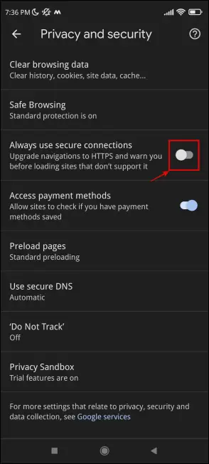 Turn On Off Always-on HTTPS Chrome Mobile
