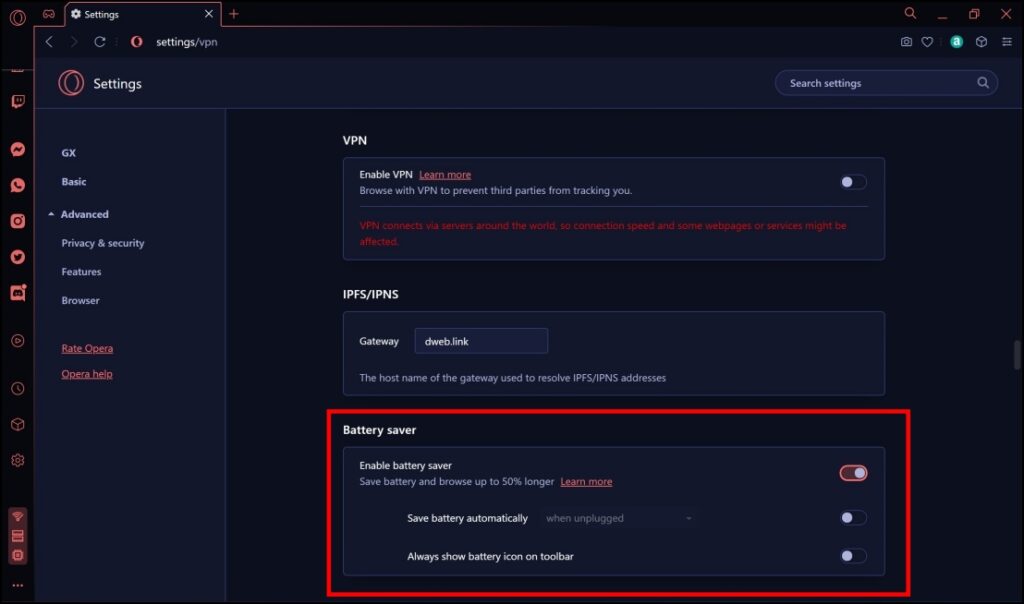 Battery Saver in Opera Gaming Browser
