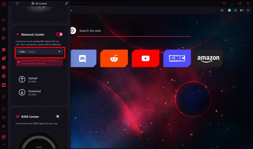 OperaGX Gaming Browser Network Limiter