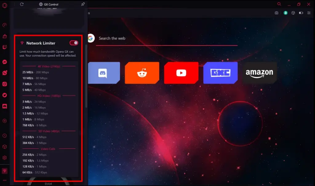OperaGX Gaming Browser Network Limiter