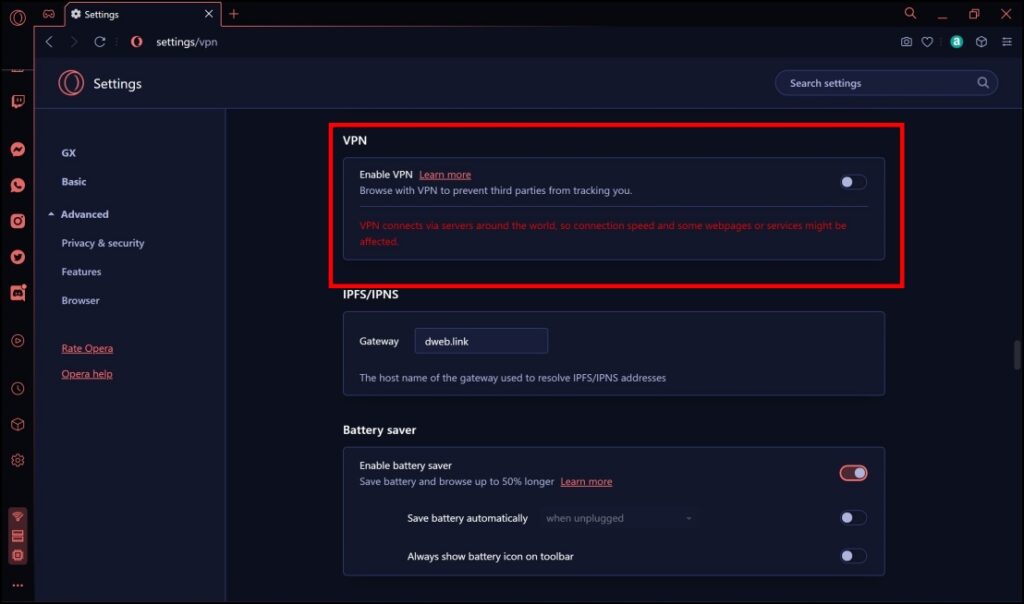 VPN in Opera Gaming Browser