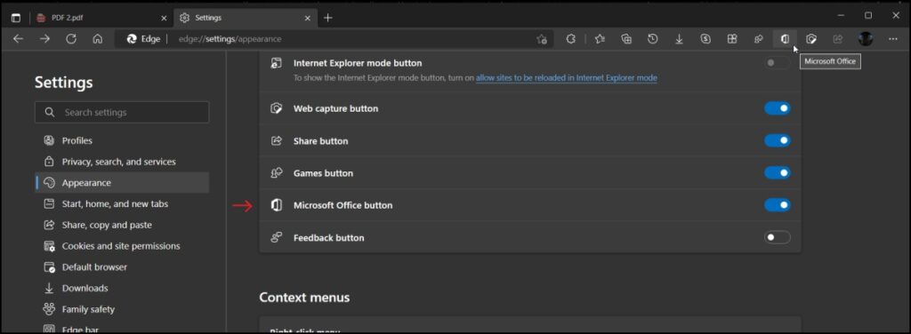 Microsoft Office Button in Edge Canary