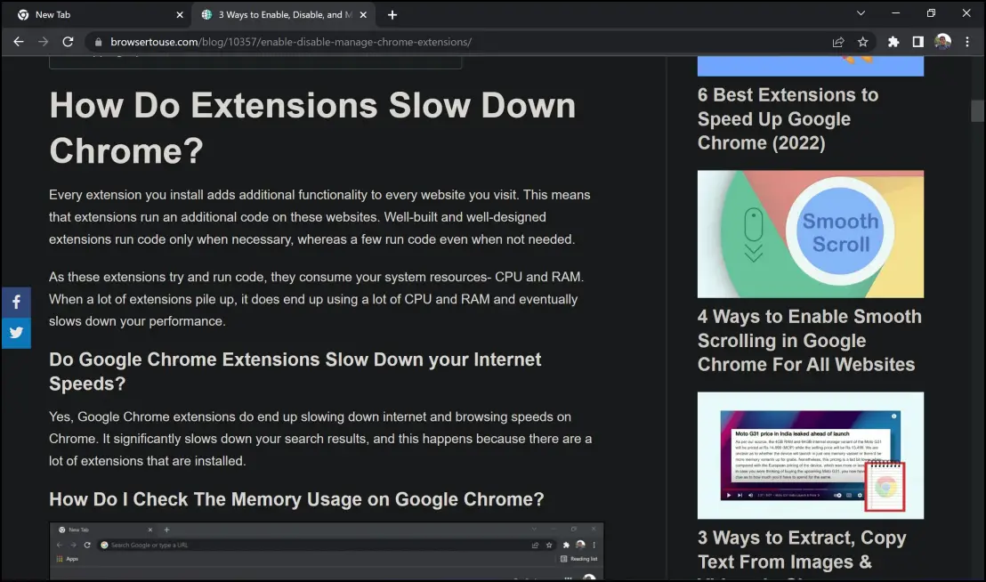 Dark Mode Websites Extension in Google Chrome