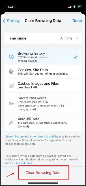 Clear Browsing Data to Fix Chrome iOS Not Playing Videos