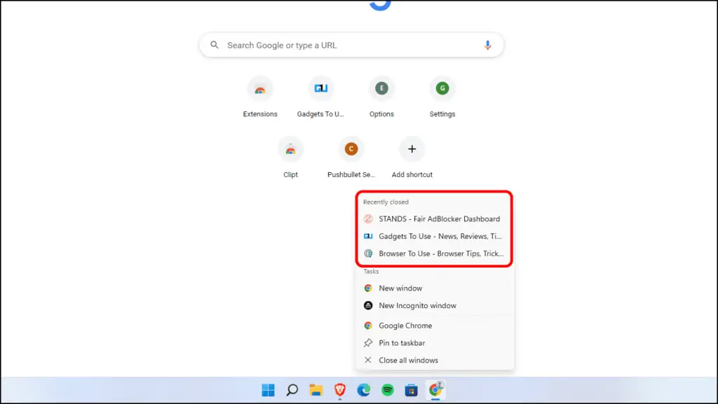 restore tabs from taskbar