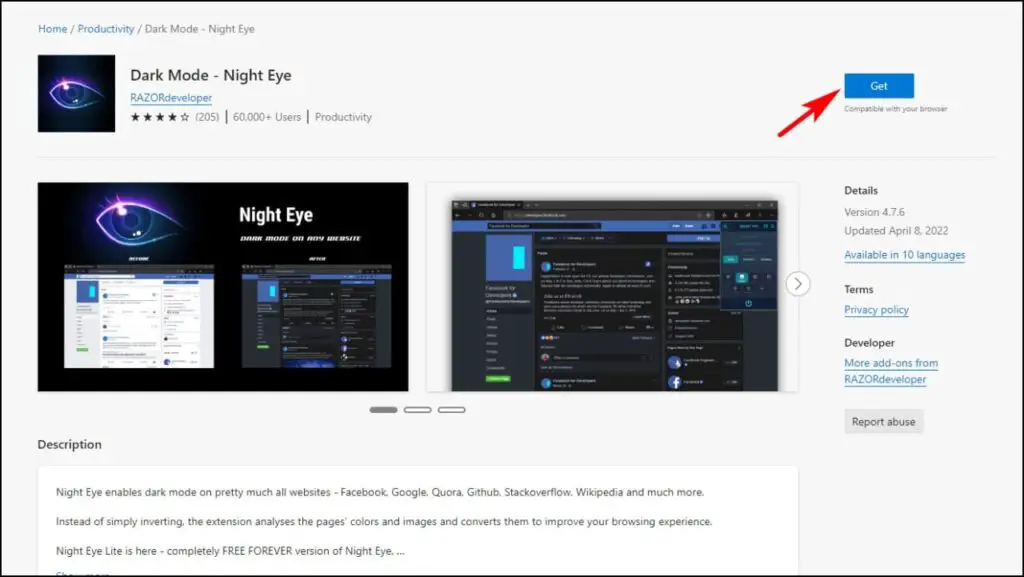 Install the Night Eye Extension o force dark mode on websites