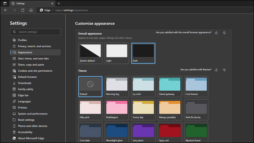 Select Default Dark Theme from Microsoft Edge Settings
