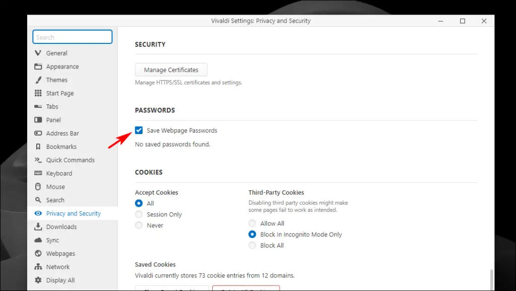 Disable Save Password Pop-Up on Vivaldi Browser