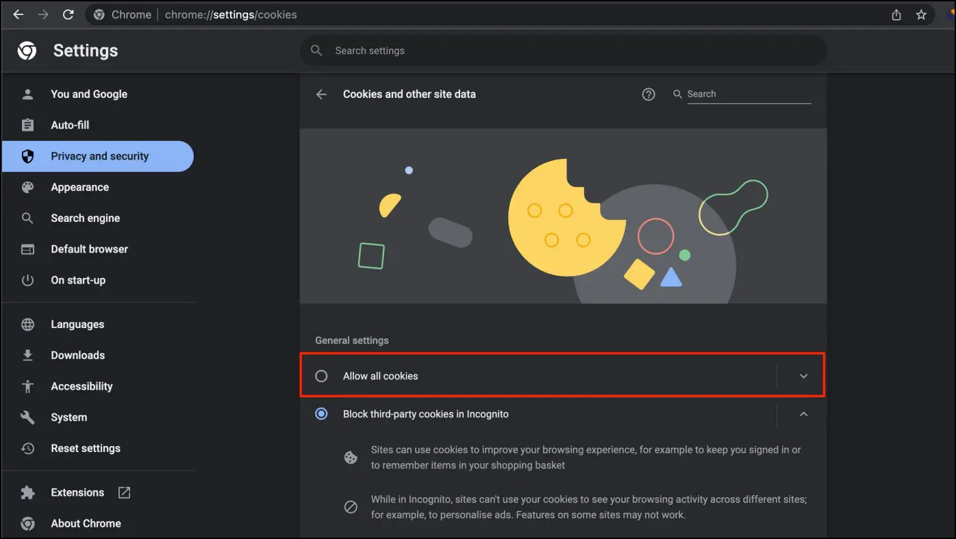 Allow All Cookies in Chrome Incognito Mode