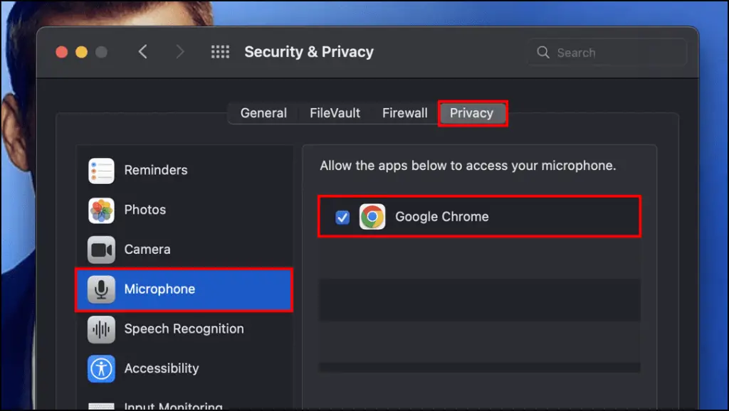 Grant Microphone Permission to Chrome in macOS