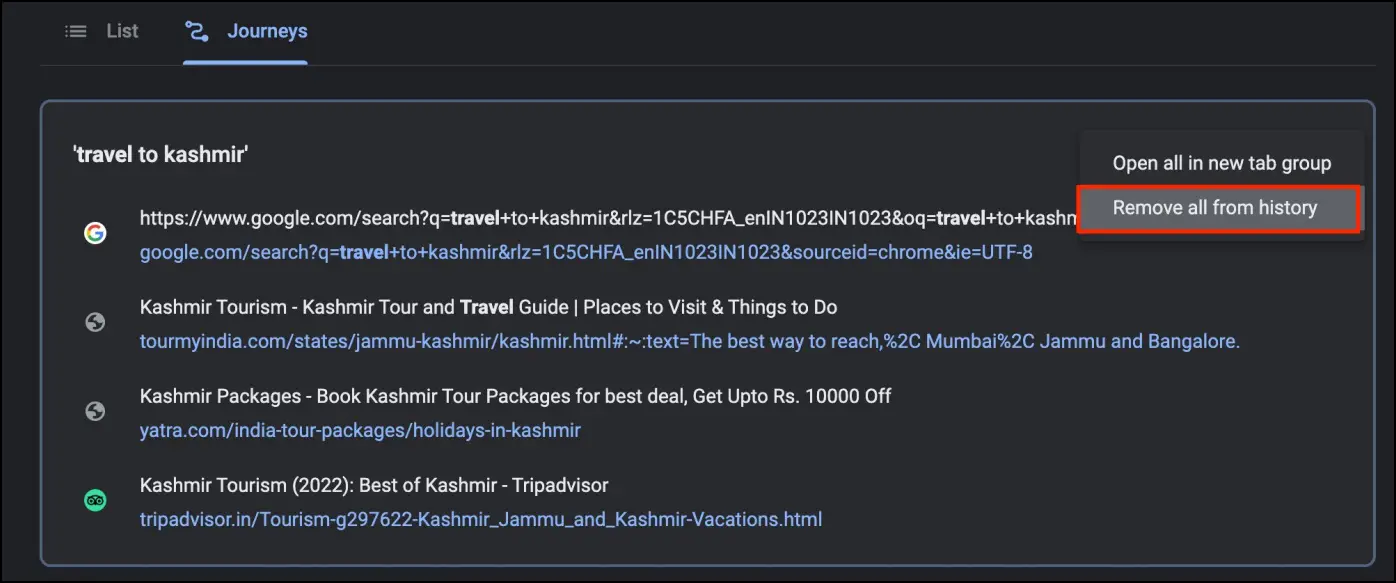 Delete Journeys History in Chrome