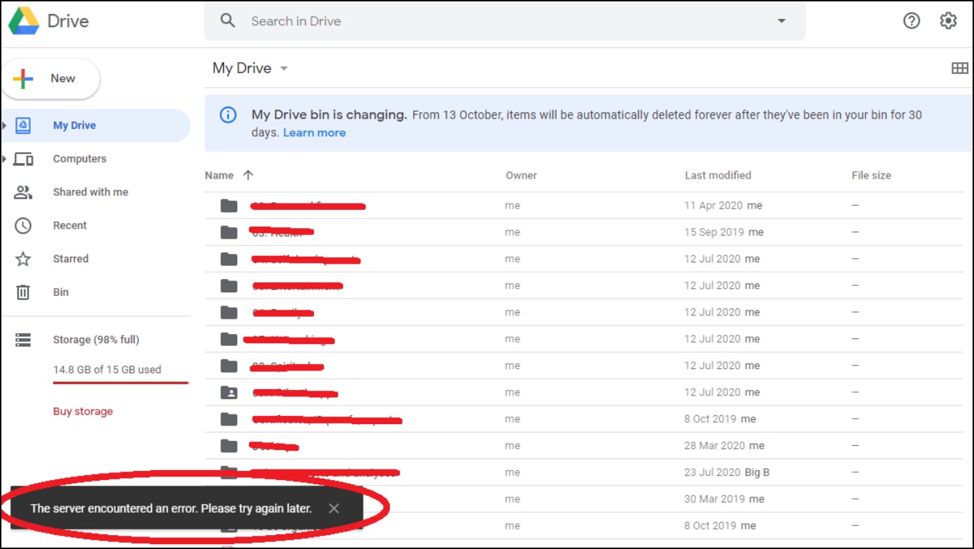 Server Encountered an Error in Google Drive
