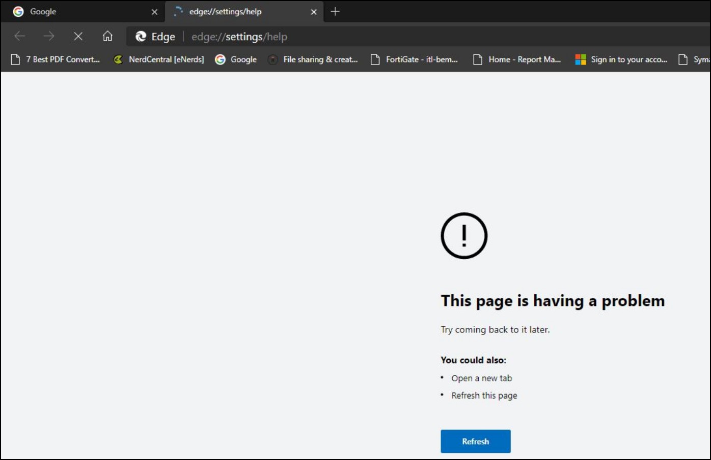 Page is Having Problem Microsoft Edge