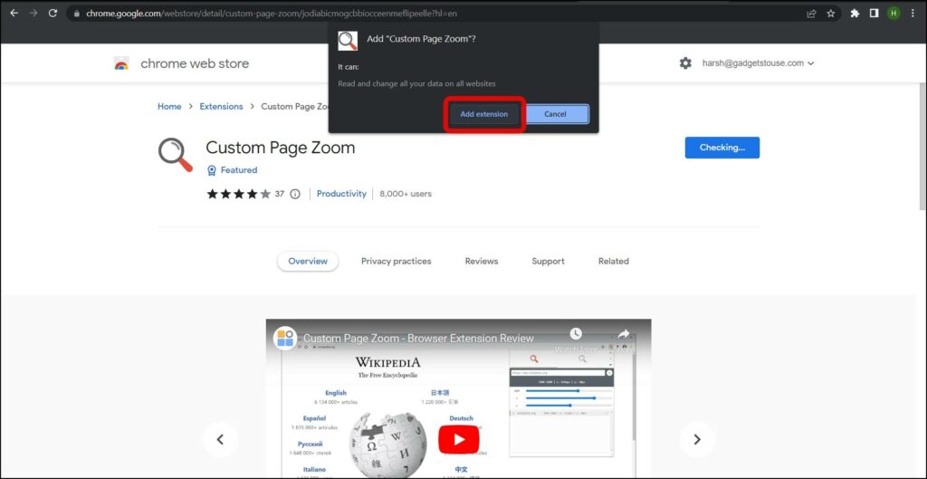 Custom Page Zoom extension Installation