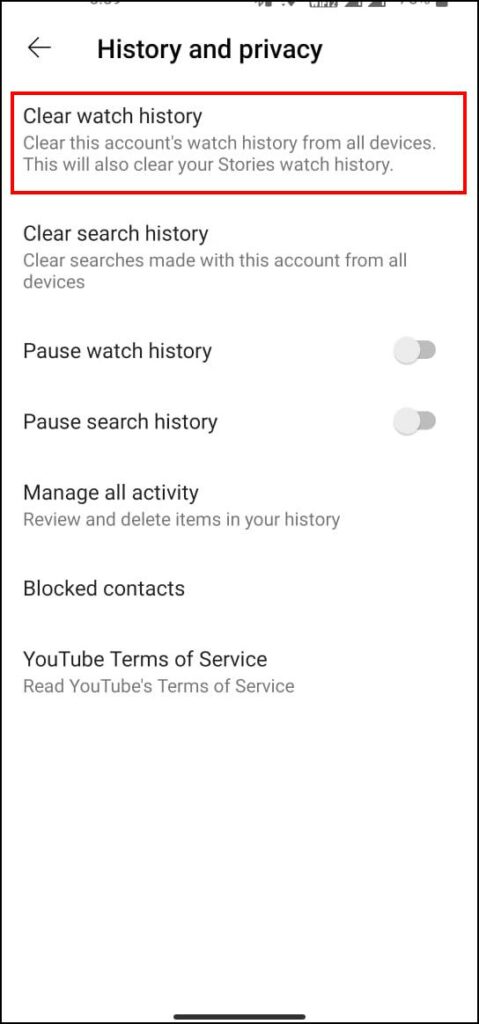 clear watch histpry on Android