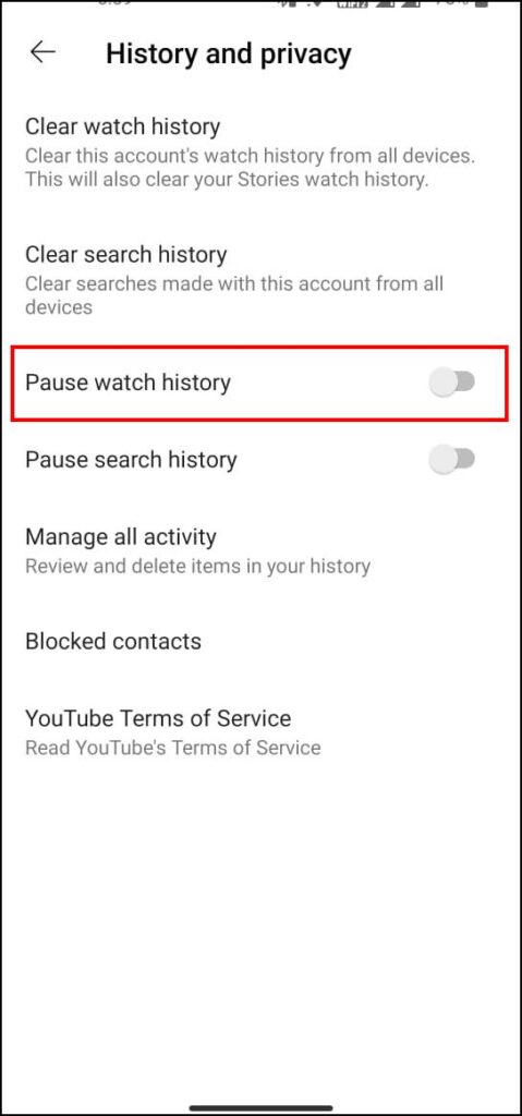 pause watch history on Android